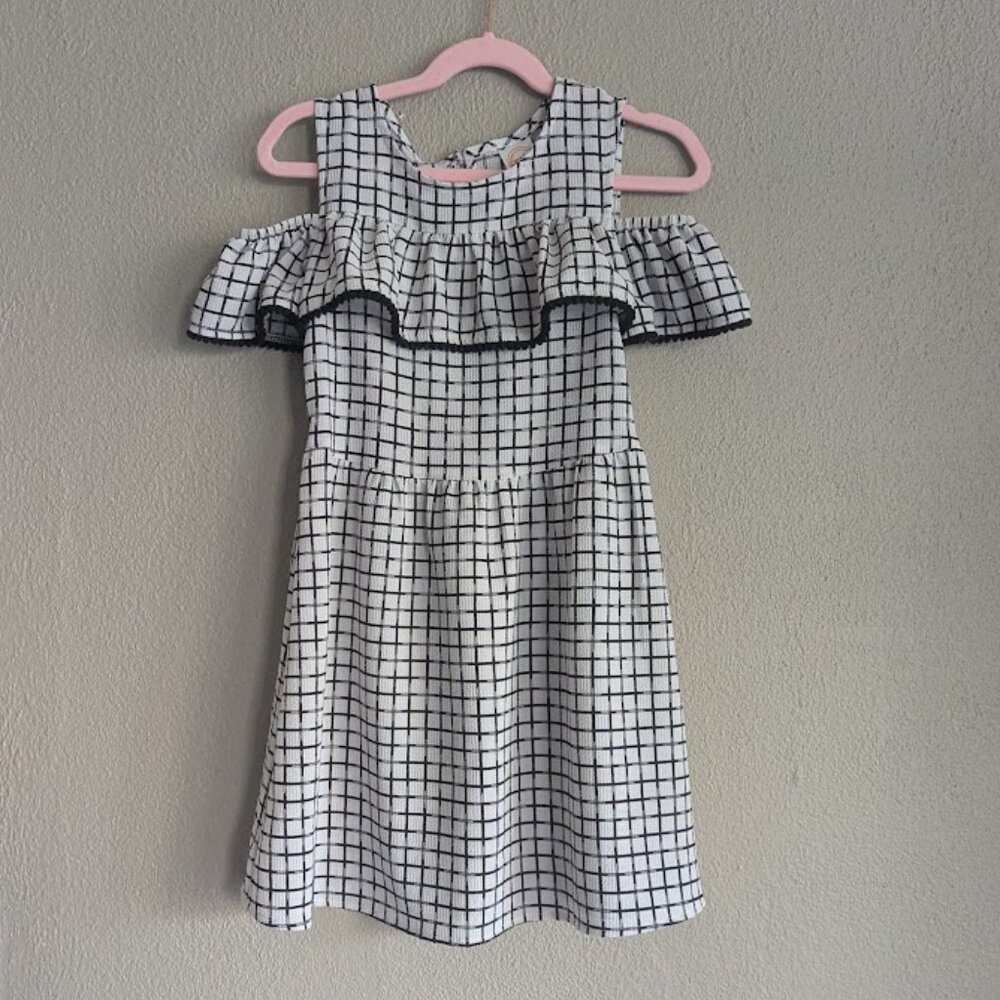 Wonder Nation Ruffle Cold Shoulder Dress – Size 6/6X – Striped Windowpane